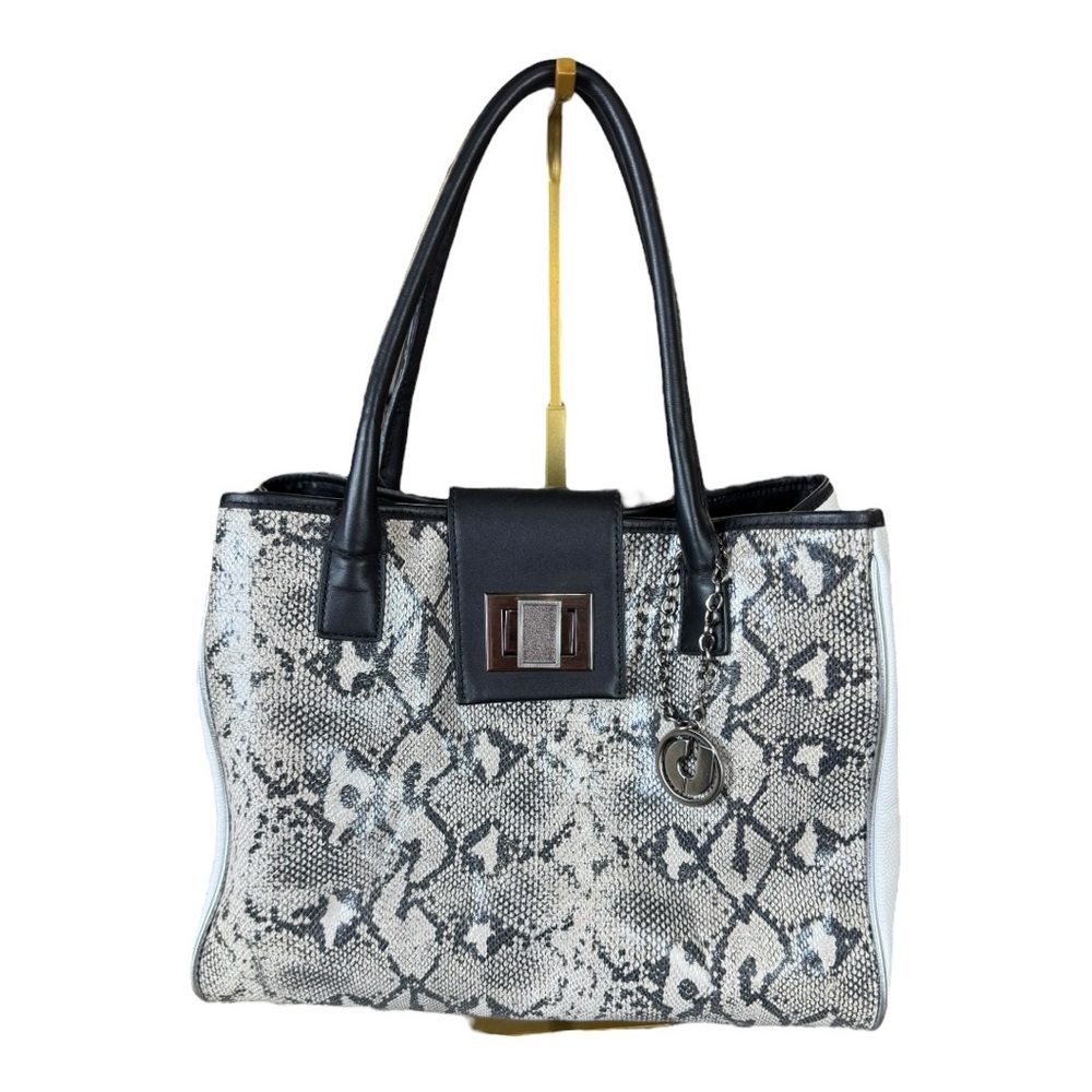 Charles Jourdan Black and White Snake-Print Tote with Silver Charm